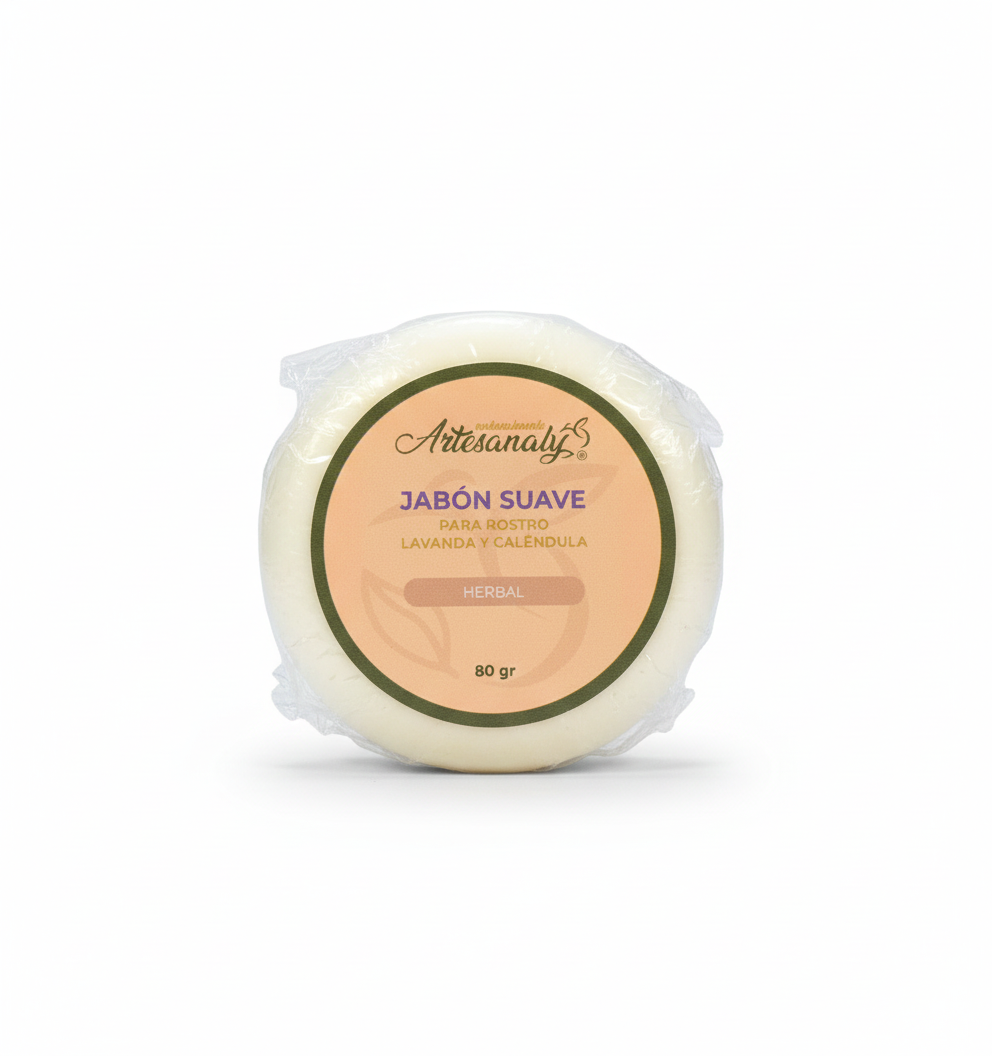 JABON SUAVE PARA ROSTRO, CON LAVANDA Y CALENDULA 80 GR ARTESANALY