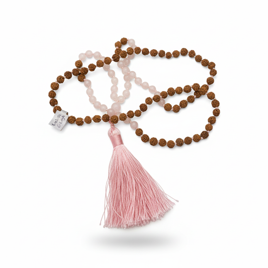 MALA RUDRAKSHA Y CUARZO ROSA CHICO