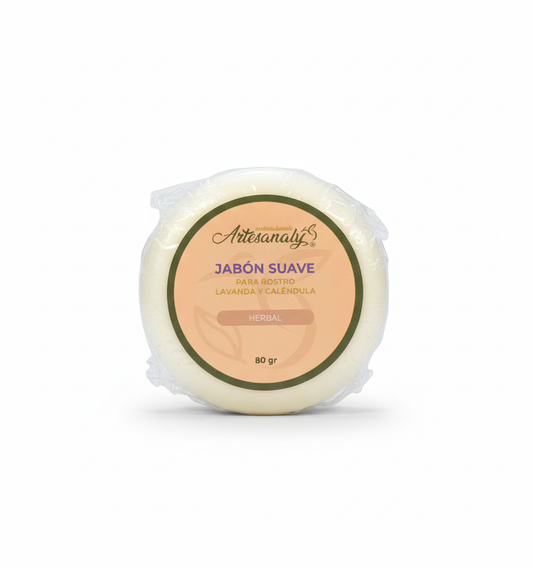 JABON SUAVE PARA ROSTRO, CON LAVANDA Y CALENDULA 80 GR ARTESANALY