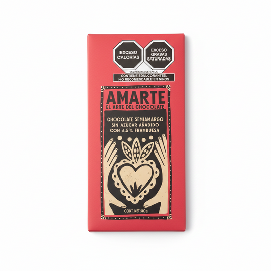 CHOCOLATE SEMIAMARGO SIN AZÚCAR CON 6.5% FRAMBUESA 80 GR AMARTE