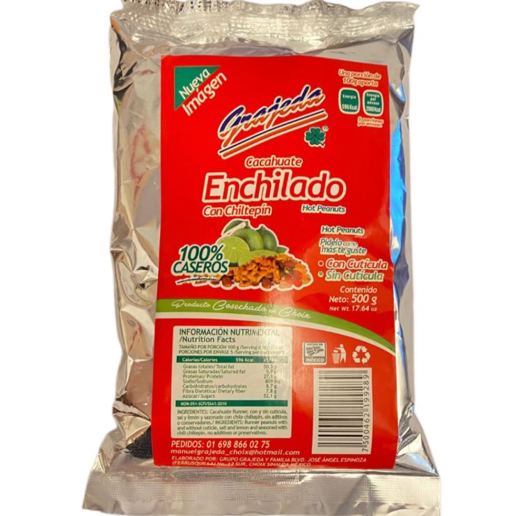 GRAJEDA CACAHUATE ENCHILADO CON CHILTEPIN 100% CASEROS CONT.NETO 500 GR